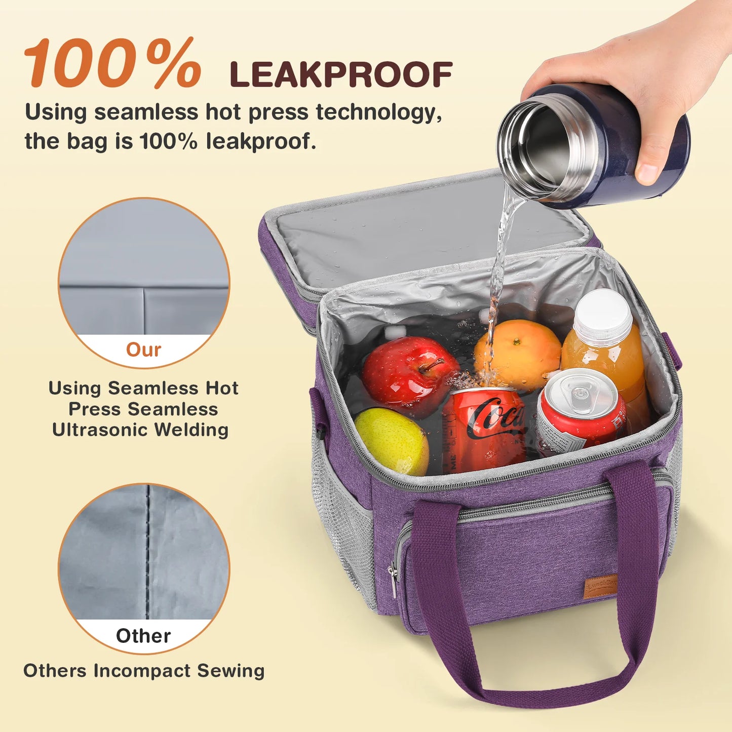 DAK01ILBB0008PU 17L Insulated Lunch Bag for Men/Women, Large Reusable Double Deck Lunch Box, Leakproof Cooler Bag for Work, Picnic & Beach, with Adjustable Shoulder Strap & Side Mesh Pocket(Purple)