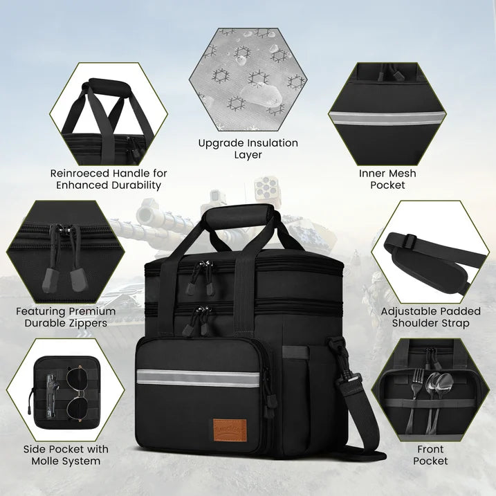 24L Insulated Lunch Bag, Expandable Double Deck Lunch Box for Men & Women, Leakproof Cooler Tote for Work, Picnic & Beach, with Adjustable Shoulder Strap & Side Pocket(Black)