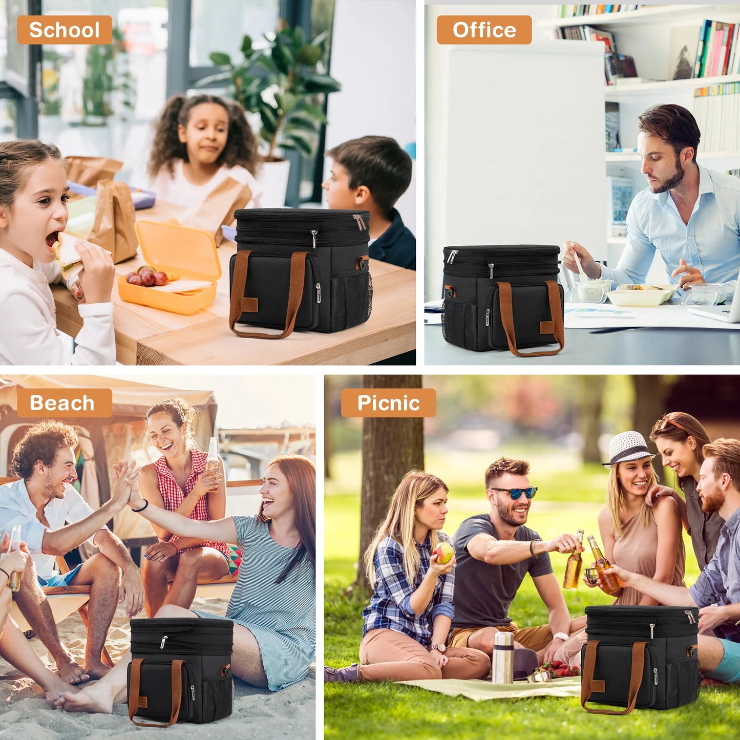 DAK01ILBB0008BK 17L Insulated Lunch Bag for Men/Women, Large Reusable Double Deck Lunch Box, Leakproof Cooler Bag for Work, Picnic & Beach, with Adjustable Shoulder Strap & Side Mesh Pocket(Black)