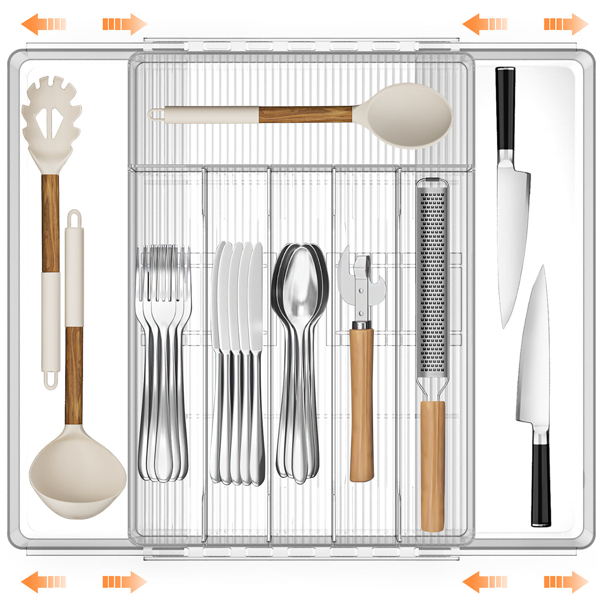 DAK01SWDO000MCR Expandable Silverware Drawer Organizer, Adjustable Acrylic Utensil Tray for Kitchen Storage, Cutlery Drawer Organizer with 8 Compartments, Medium, Clear