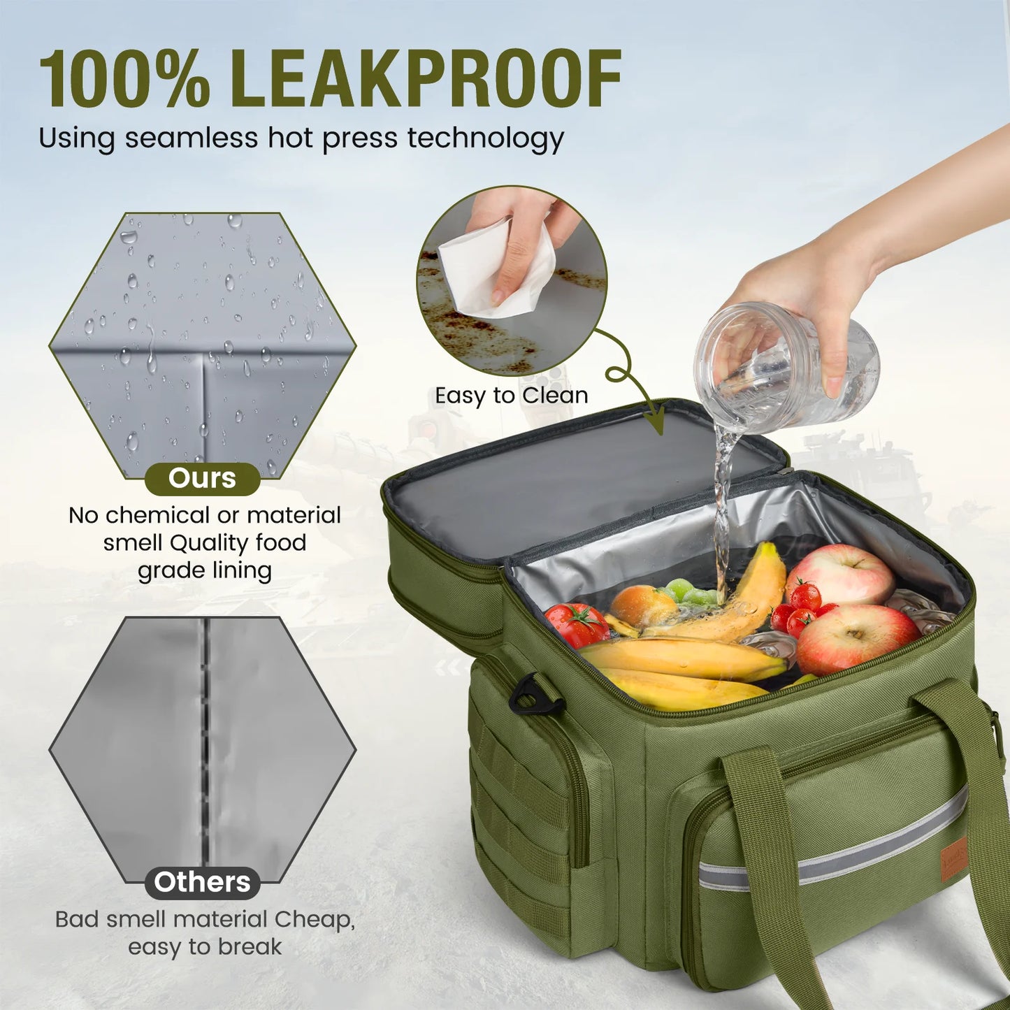 24L Insulated Lunch Bag, Expandable Double Deck Lunch Box for Men & Women, Leakproof Cooler Tote for Work, Picnic & Beach, with Adjustable Shoulder Strap & Side Pocket(Green)