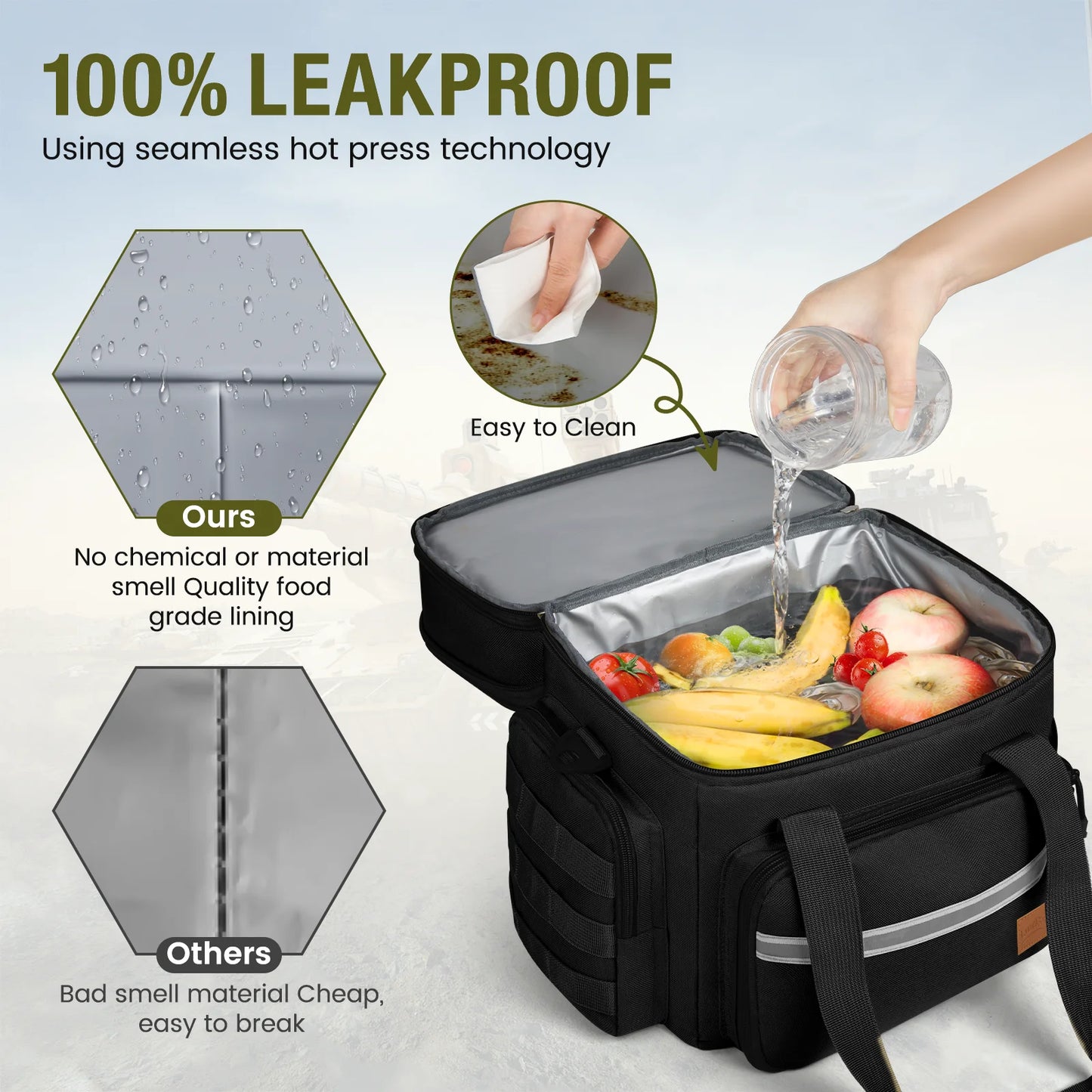 24L Insulated Lunch Bag, Expandable Double Deck Lunch Box for Men & Women, Leakproof Cooler Tote for Work, Picnic & Beach, with Adjustable Shoulder Strap & Side Pocket(Black)