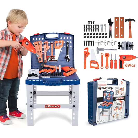 XUE22TLTY0001BU Kids Tool Bench Set Toy with Electric Drill and Realistic Tool, Pretend Play Construction Workbench Toys for Toddlers, Build a Kids Tool Workshop Set for Boys and Girls