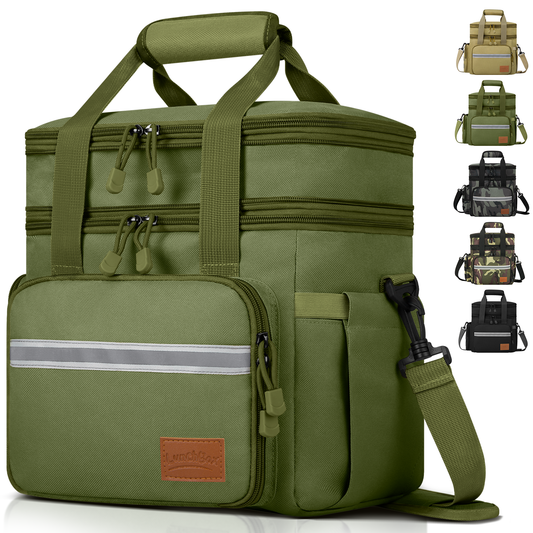 24L Insulated Lunch Bag, Expandable Double Deck Lunch Box for Men & Women, Leakproof Cooler Tote for Work, Picnic & Beach, with Adjustable Shoulder Strap & Side Pocket(Green)