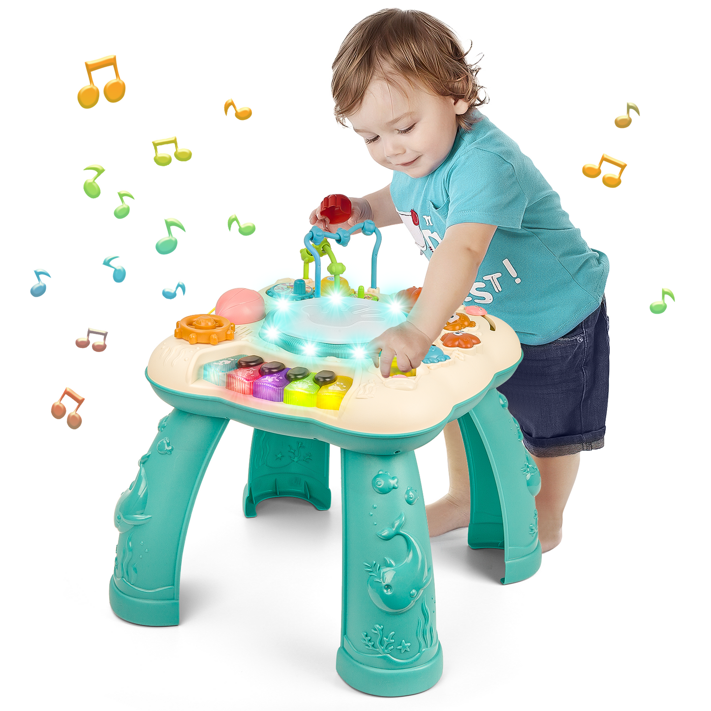 Infant Musical Learning Table, Toddler Activity Table Interactive Toys, Baby Busy Board Educational Learning Toy with Lights and Music, for 6 to 12-18 Months Boys Girls Preschool Gifts