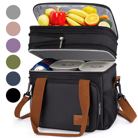 DAK01ILBB0008BK 17L Insulated Lunch Bag for Men/Women, Large Reusable Double Deck Lunch Box, Leakproof Cooler Bag for Work, Picnic & Beach, with Adjustable Shoulder Strap & Side Mesh Pocket(Black)