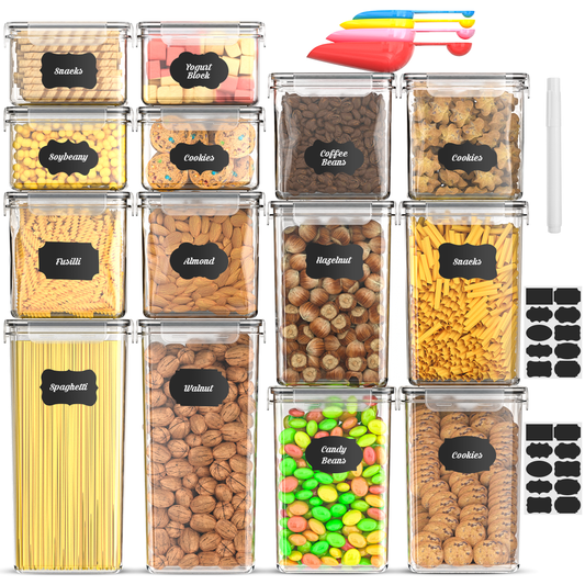 DAK01AFSC0014CR Airtight Food Storage Containers Set with Lids, 14 Pack BPA-Free Plastic Kitchen and Pantry Organization Canisters for Cereal, Dry Foods, Flour & Sugar, Includes Free Spoon Set, Labels & Marker