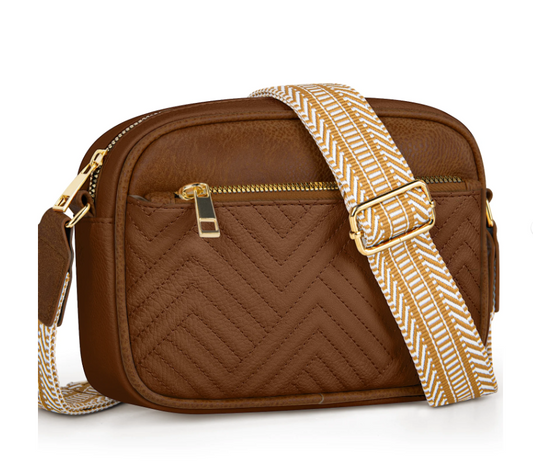 DAKOMM Crossbody Bags for Women, Quilted Crossbody Bags, Vegan Leather Purses Small Shoulder Handbags with Colorful Wide Strap, Trendy Design Shoulder Purse for Travel, Brown
