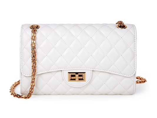 DAKOMM Quilted Leather Crossbody Purse for Women, Shoulder Bag with Adjustable Chain Strap, Soft PU Leather Purses and Handbags with Large Capacity, Trendy Crossbody Shoulder Bag, White