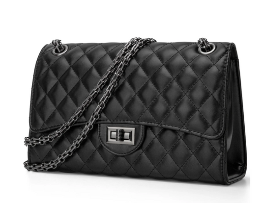 DAKOMM Quilted Leather Crossbody Purse for Women, Shoulder Bag with Adjustable Chain Strap, Soft PU Leather Purses and Handbags with Large Capacity, Trendy Crossbody Shoulder Bag, Black