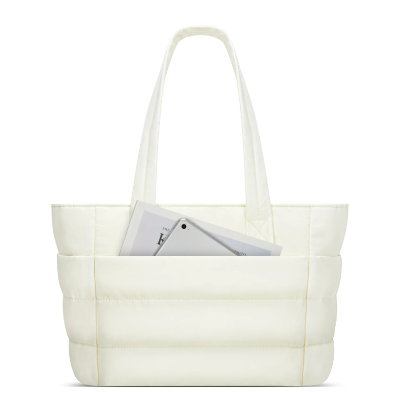 DAKOMM Tote Bag for Women, Lightweight Puffy Tote Bag with Large Capacity, Quilted Shoulder Bag with Laptop Compartments & Multi-Pockets for Travel, Work, Gym, Shop(White)