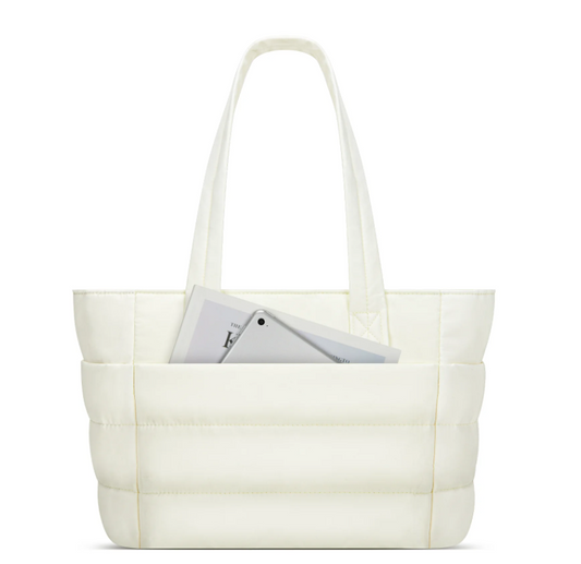 DAKOMM Tote Bag for Women, Lightweight Puffy Tote Bag with Large Capacity, Quilted Shoulder Bag with Laptop Compartments & Multi-Pockets for Travel, Work, Gym, Shop(White)