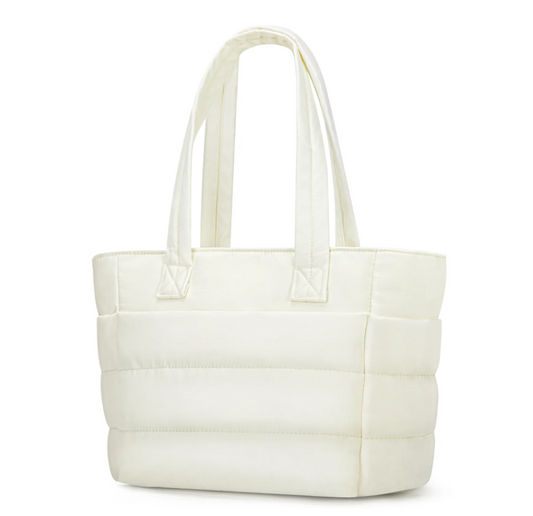 DAKOMM Puffer Tote Bag for Women, Large Capacity Tote Bag with Compartments & Multi-Pockets, Lightweight Quilted Shoulder Bag with Zipper Closure for Travel, Work, Gym, Shop(White)