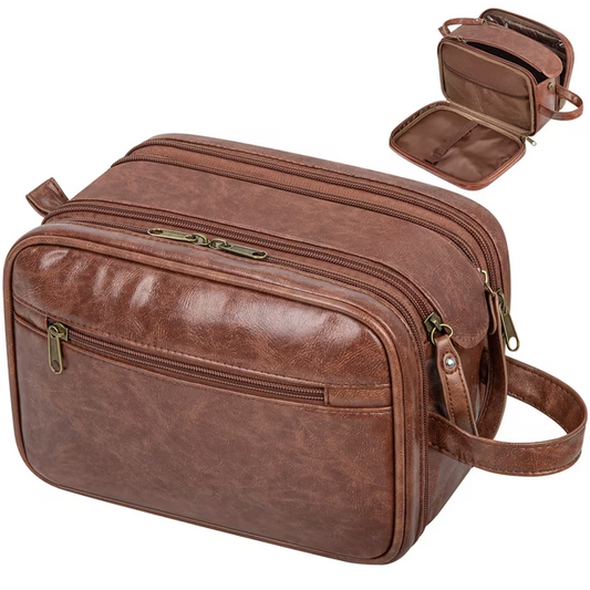 DAK06TBFM00PUBN Toiletry Bag for Men, PU Leather Travel Toiletry Organizer with Handle, Water Resistant Travel Essentials for Women, Travel Storage Bags with Divider for Cosmetics Toiletries Brushes Tools, Brown