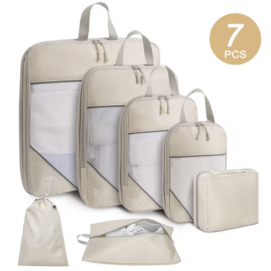 DAK04CPCS0000BE 7 Set Compression Packing Cubes for Travel Essentials, Compressible Expandable Packing Cubes for Suitcase, Travel Bags Luggage Organizers Compression Cubes for Travel Carry on Suitcases, Beige