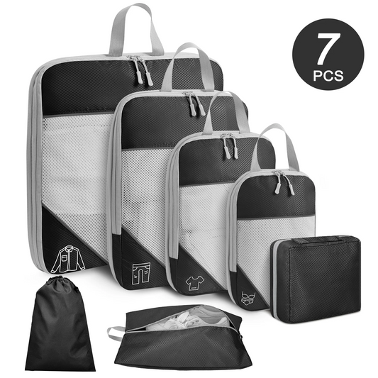 DAK04CPCS0000BK 7 Set Compression Packing Cubes for Travel Essentials, Compressible Expandable Packing Cubes for Suitcase, Travel Bags Luggage Organizers Compression Cubes for Travel Carry on Suitcases, Black