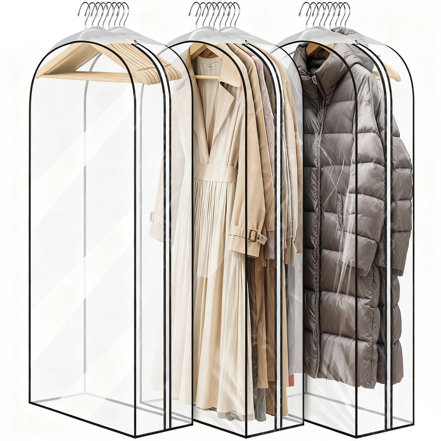 DAK01GABA000060IN DAKOMM 60'' Hanging Garment Bag 3-Pack, 10'' PEVA Suit Bags for Closet Storage, Garment Bags for Hanging Clothes, Garment Covers with Side Zipper for Gowns & Long Fur Coats & Dresses