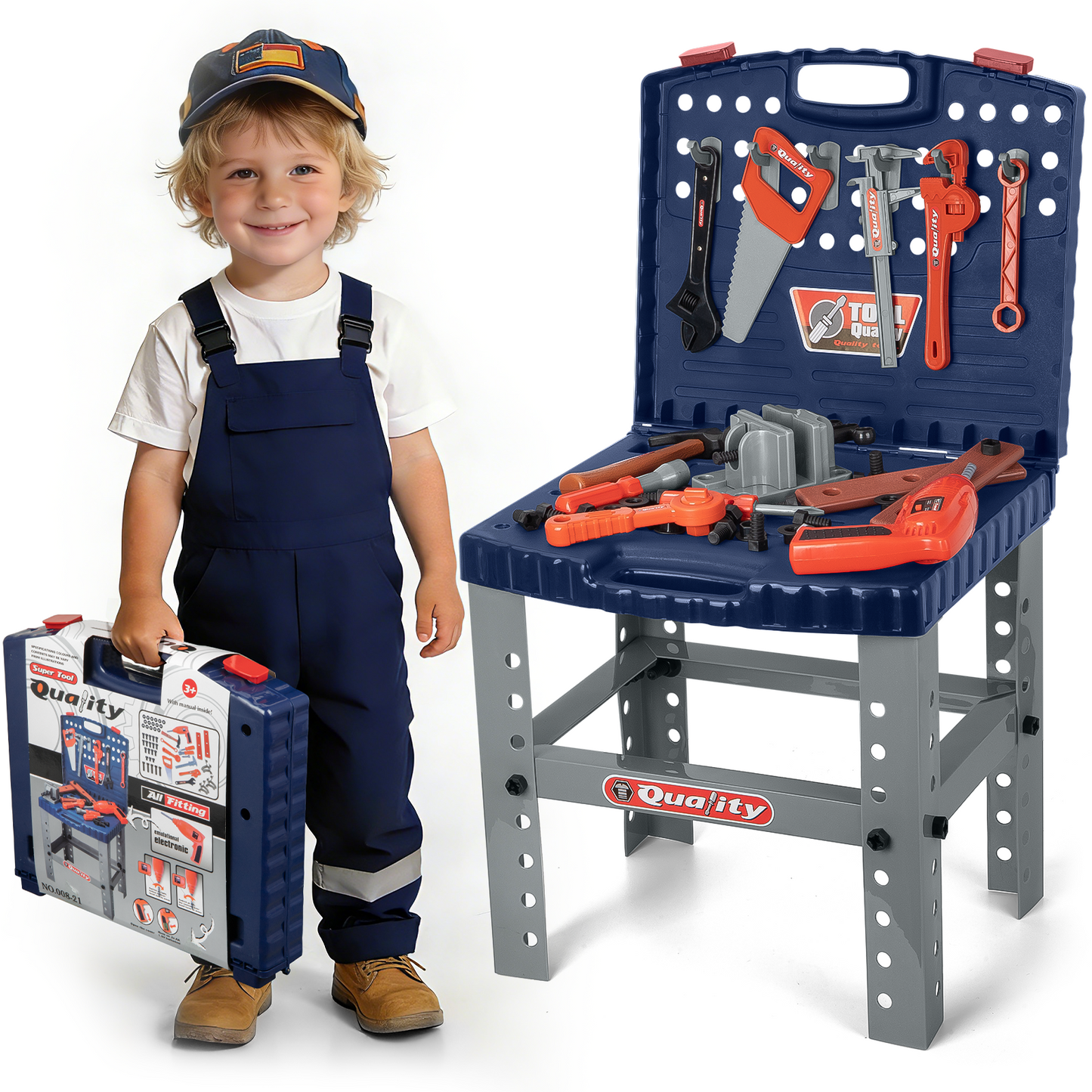 XUE22TLTY0001BU Kids Tool Bench Set Toy with Electric Drill and Realistic Tool, Pretend Play Construction Workbench Toys for Toddlers, Build a Kids Tool Workshop Set for Boys and Girls