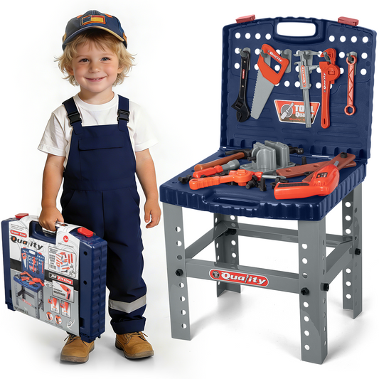 XUE22TLTY0001BU Kids Tool Bench Set Toy with Electric Drill and Realistic Tool, Pretend Play Construction Workbench Toys for Toddlers, Build a Kids Tool Workshop Set for Boys and Girls