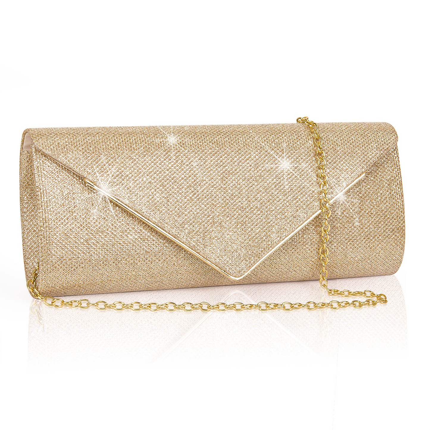 DAK05SEEB0000GL Evening Clutch Purses, Sparkling Envelope Evening Bag with Detachable Chain, Clutch Purses For for Prom Party Wedding Engagement, Gold