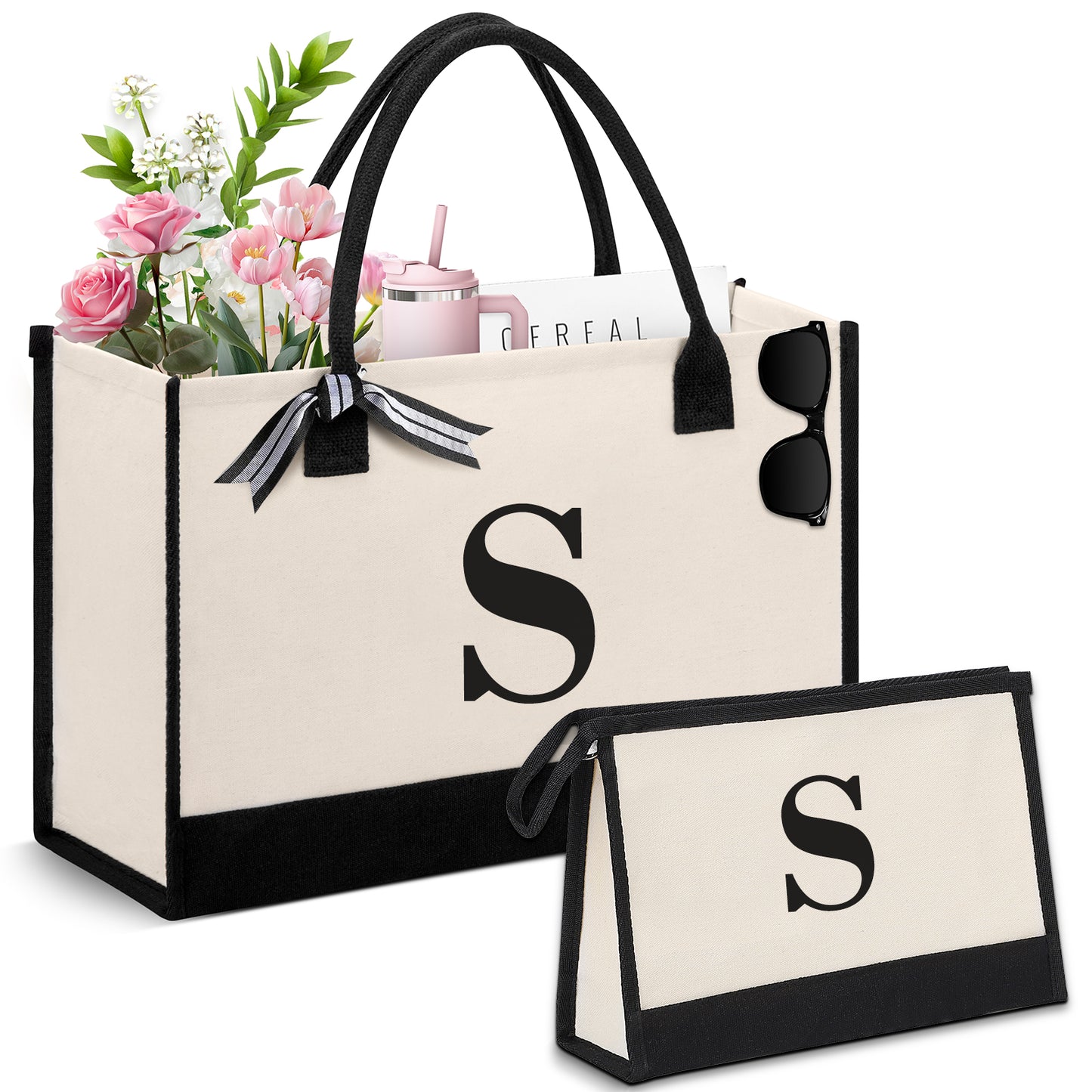 DAK06PITB0ZMSWH Personalized Initial Tote Bag, Large Capacity Canvas Beach Bag w/ Makeup Bag for Women, Valentine's Day Gifts & Birthday Gift Initial Tote Bag w/ Comfortable Handle for Wife Mom Teacher Friend