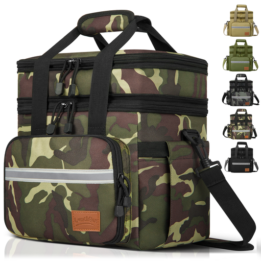 24L Insulated Lunch Bag, Expandable Double Deck Lunch Box for Men & Women, Leakproof Cooler Tote for Work, Picnic & Beach, with Adjustable Shoulder Strap & Side Pocket(Green Camo)