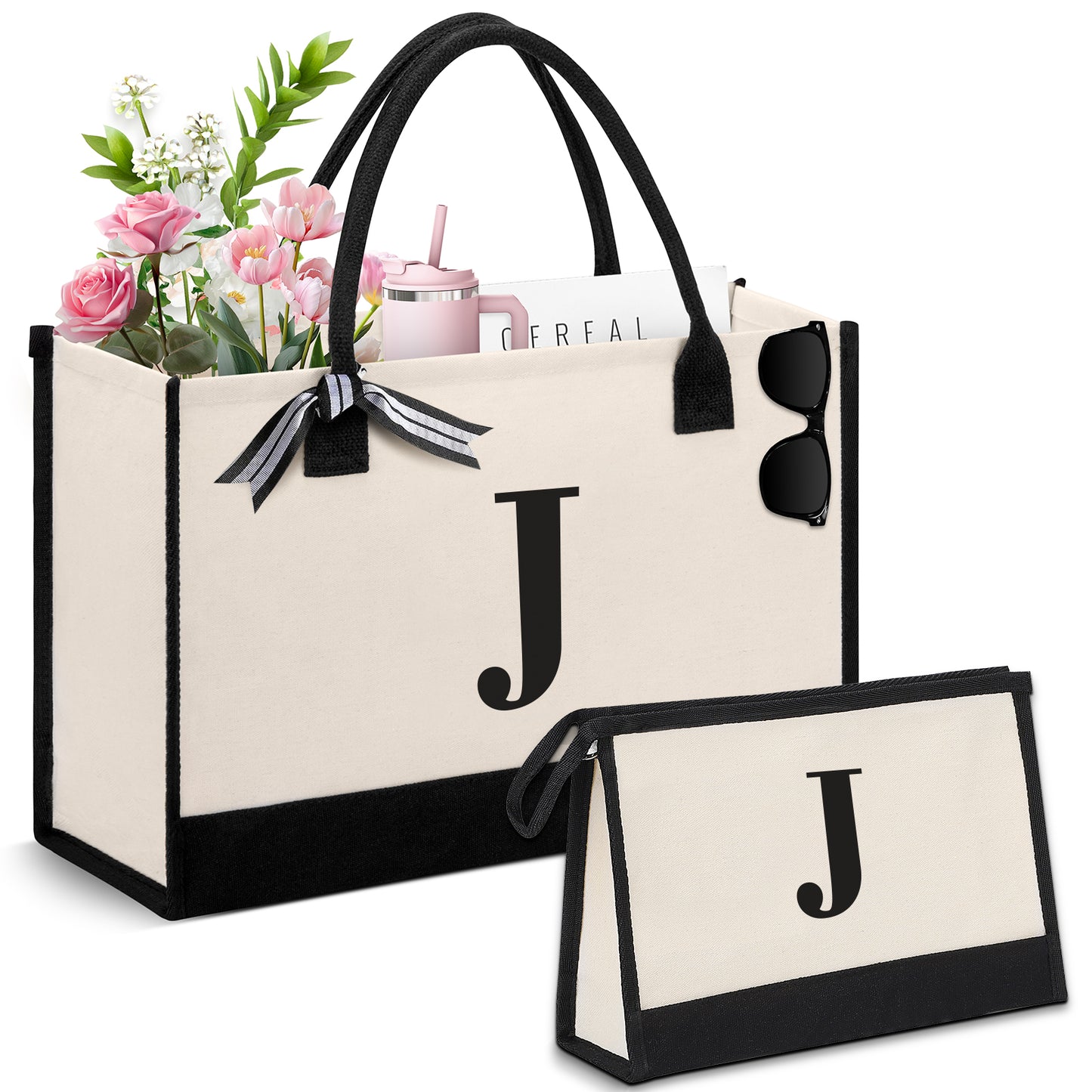 DAK06PITB0ZMJWH Personalized Initial Tote Bag, Large Capacity Canvas Beach Bag w/ Makeup Bag for Women, Valentine's Day Gifts & Birthday Gift Initial Tote Bag w/ Comfortable Handle for Wife Mom Teacher Friend