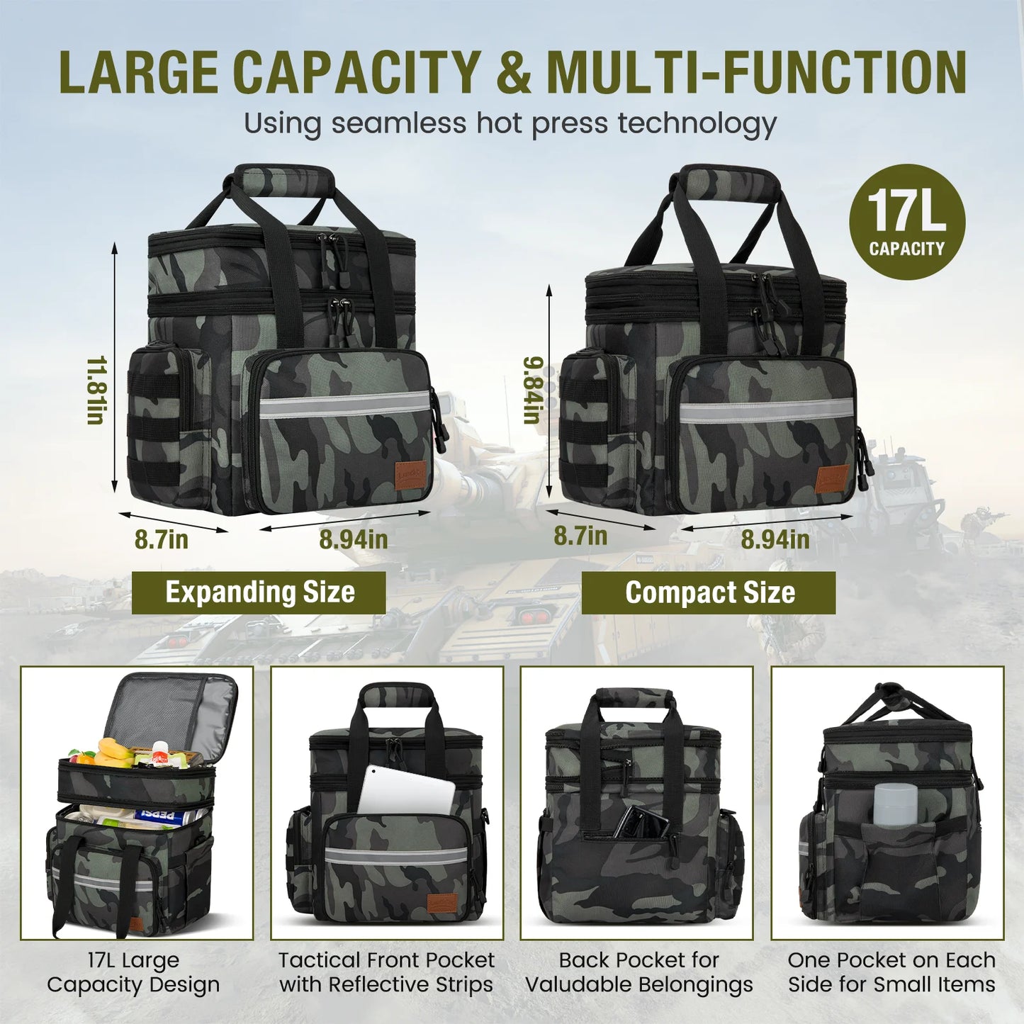 24L Insulated Lunch Bag, Expandable Double Deck Lunch Box for Men & Women, Leakproof Cooler Tote for Work, Picnic & Beach, with Adjustable Shoulder Strap & Side Pocket(Gray Camo)