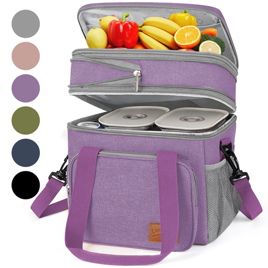 DAK01ILBB0008PU 17L Insulated Lunch Bag for Men/Women, Large Reusable Double Deck Lunch Box, Leakproof Cooler Bag for Work, Picnic & Beach, with Adjustable Shoulder Strap & Side Mesh Pocket(Purple)