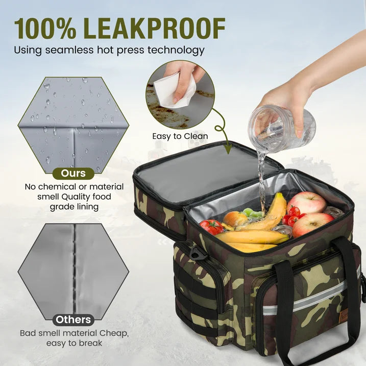 24L Insulated Lunch Bag, Expandable Double Deck Lunch Box for Men & Women, Leakproof Cooler Tote for Work, Picnic & Beach, with Adjustable Shoulder Strap & Side Pocket(Green Camo)