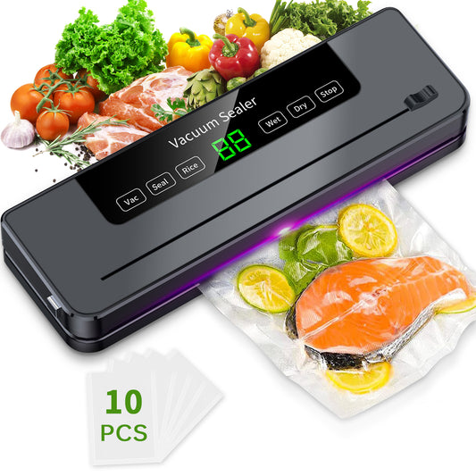 DAK01AVSM5100GY Vacuum Sealer Machine, Automatic Vacuum Sealer for Food with 10 Bags, Built-in Cutter, Dry & Moist Modes, LED Indicator, Easy to Clean, Compact Design for Sous Vide & Food Storage (Gray)