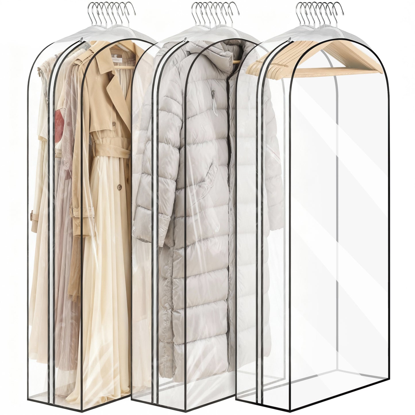 DAK02GABA000060IN DAKOMM 60'' Extended Garment Bag for Hanging Clothes, 3 Pack 10'' Suit Bag for Storage, PEVA Waterproof & Odorless Garment Covers for Clothes, Gowns, Long Fur Coats, Dresses