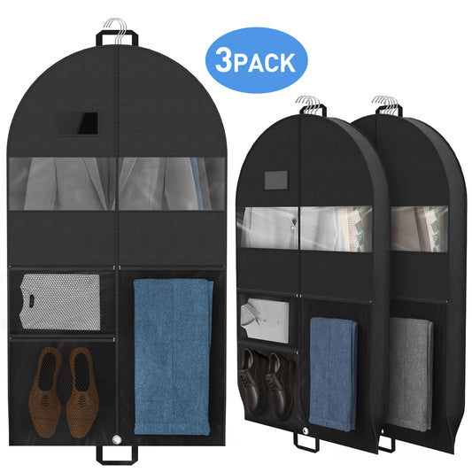 DAK13GABA0000BK3pc Garment Bag for Travel, 51'' Garment Bag with Pockets, Gusseted Hanging Clothes Bags for Men, Suit Cover With 2 Handles, Foldable & Dust-Proof Suit Bag for Gowns, Coats, Shirts and Dresses (3 Packs)