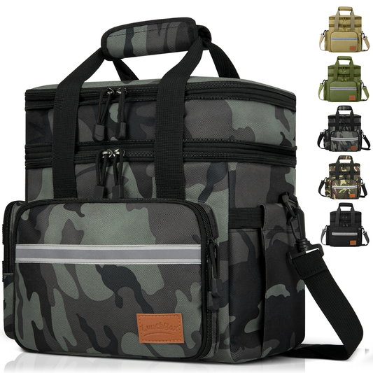 24L Insulated Lunch Bag, Expandable Double Deck Lunch Box for Men & Women, Leakproof Cooler Tote for Work, Picnic & Beach, with Adjustable Shoulder Strap & Side Pocket(Gray Camo)