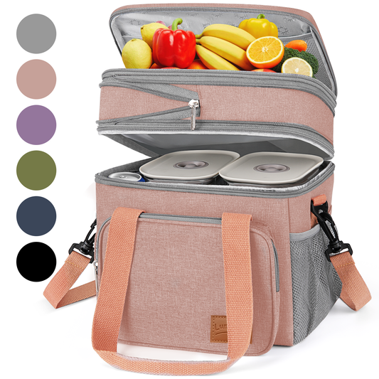 DAK01ILBB0008PK 17L Insulated Lunch Bag for Men/Women, Large Reusable Double Deck Lunch Box, Leakproof Cooler Bag for Work, Picnic & Beach, with Adjustable Shoulder Strap & Side Mesh Pocket(Pink)