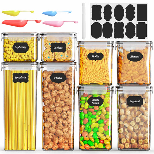 DAK01AFSC0008CR Airtight Food Storage Containers Set with Lids, 8 Pack BPA-Free Plastic Kitchen and Pantry Organization Canisters for Cereal, Dry Foods, Flour & Sugar, Includes Free Spoon Set, Labels & Marker