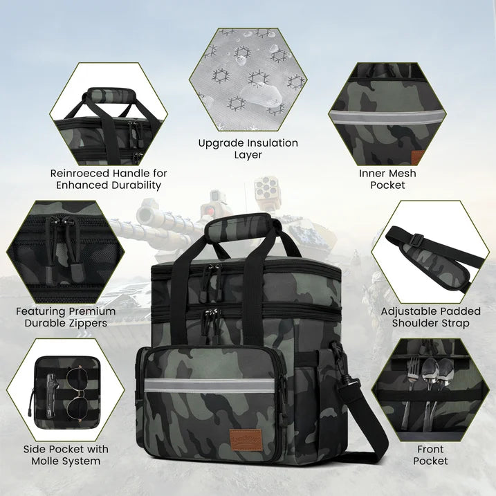24L Insulated Lunch Bag, Expandable Double Deck Lunch Box for Men & Women, Leakproof Cooler Tote for Work, Picnic & Beach, with Adjustable Shoulder Strap & Side Pocket(Gray Camo)