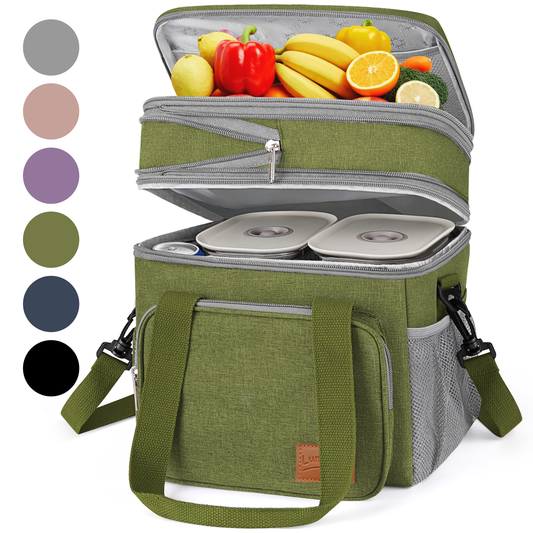 DAK01ILBB0008GN 17L Insulated Lunch Bag for Men/Women, Large Reusable Double Deck Lunch Box, Leakproof Cooler Bag for Work, Picnic & Beach, with Adjustable Shoulder Strap & Side Mesh Pocket(Green)