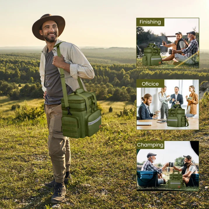 24L Insulated Lunch Bag, Expandable Double Deck Lunch Box for Men & Women, Leakproof Cooler Tote for Work, Picnic & Beach, with Adjustable Shoulder Strap & Side Pocket(Green)