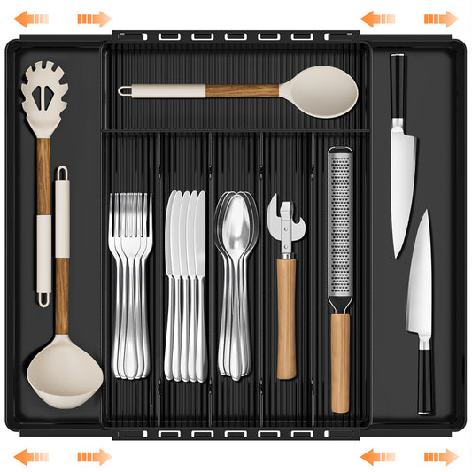 DAK01SWDO000MBKExpandable Silverware Drawer Organizer, Adjustable Acrylic Utensil Tray for Kitchen Storage, Cutlery Drawer Organizer with 8 Compartments, Medium, Black