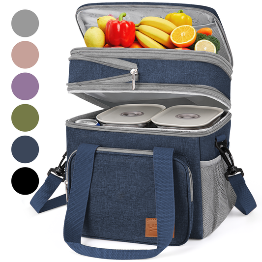 DAK01ILBB0008BU 17L Insulated Lunch Bag for Men/Women, Large Reusable Double Deck Lunch Box, Leakproof Cooler Bag for Work, Picnic & Beach, with Adjustable Shoulder Strap & Side Mesh Pocket(Blue)