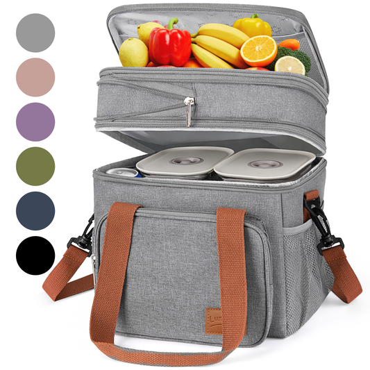 DAK01ILBB0008GY 17L Insulated Lunch Bag for Men/Women, Large Reusable Double Deck Lunch Box, Leakproof Cooler Bag for Work, Picnic & Beach, with Adjustable Shoulder Strap & Side Mesh Pocket(Gray)