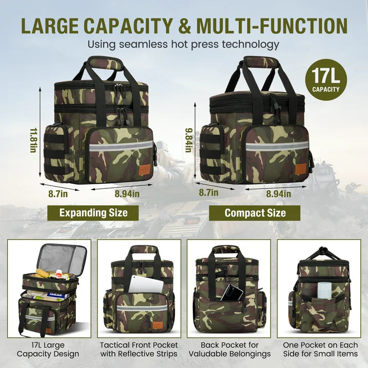 24L Insulated Lunch Bag, Expandable Double Deck Lunch Box for Men & Women, Leakproof Cooler Tote for Work, Picnic & Beach, with Adjustable Shoulder Strap & Side Pocket(Green Camo)