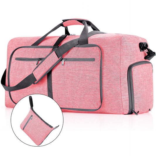 DAK13DBTB0000PK65L 65L Duffle Bag with Shoes Compartment, 24" Foldable Travel Duffel Bags for Men Women, Large Packable Travel Bag Water Repellent & Tear Resistant, Overnight Weekend Bag for Men Pink