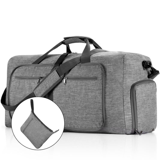 DAK13DBTB0000GY65L 65L Duffle Bag with Shoes Compartment, 24" Foldable Travel Duffel Bags for Men Women, Large Packable Travel Bag Water Repellent & Tear Resistant, Overnight Weekend Bag for Men Gray