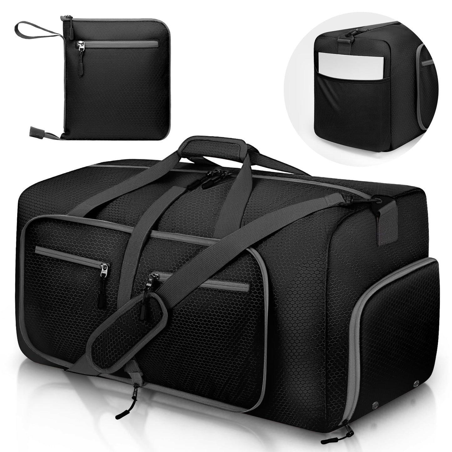 DAK23FTDB065LBK 65L Duffle Bag with Shoes Compartment, Foldable Travel Duffel Bags for Men Women, Large Packable Travel Bag Water Repellent & Tear Resistant (Black)