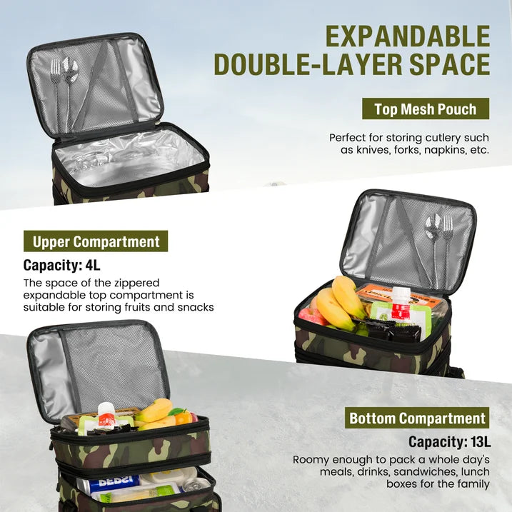 24L Insulated Lunch Bag, Expandable Double Deck Lunch Box for Men & Women, Leakproof Cooler Tote for Work, Picnic & Beach, with Adjustable Shoulder Strap & Side Pocket(Green Camo)