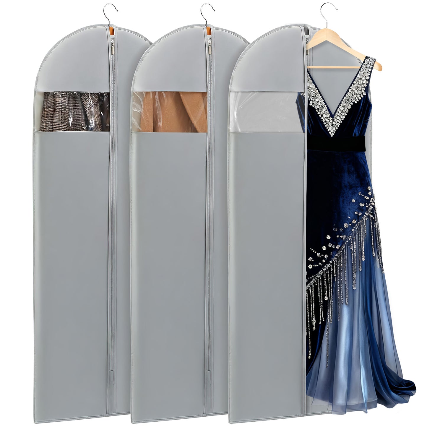 DAK04GABA0000GY65 DAKOMM 3 Pack Dress Bags for Gowns Long, 65” Garment Bags for Hanging Clothes, PEVA Suit Bag for Travel, Garment Cover for Closet Storage with Visible Window for Long Suits, Coats, Dresses (Gray)