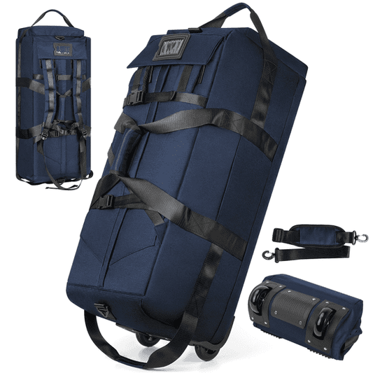 DAK01TBWW0000BU DAKOMM 90L Foldable Rolling Duffel Bag with Wheels, Extra Large 34 Inch Travel Duffel Bag with Shoulder Strap for Travel Camping Sports, Waterproof Large Gym Bag, Travel Backpack For Men Women, Blue