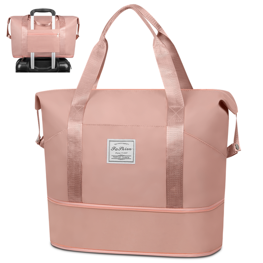 DAK16TBEB0000PK Expandable Travel Duffle Bag, Weekender Bag Carry on Overnight Bag with Wet Pocket for Women Men, 35L Foldable Personal Item Bag Sports Tote Gym Bag Hospital Mom Tote Bag for Labor and Delivery Pink